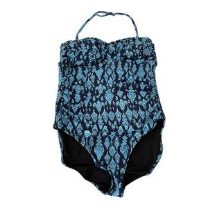 Garnet Hill Ruched Bandeau One Piece Swimsuit 16 Blue Black Filigree Halter